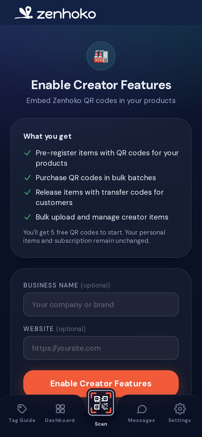 Enable creator features screen