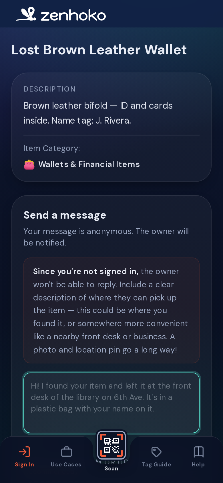 Finder contact form with message, photo, and location