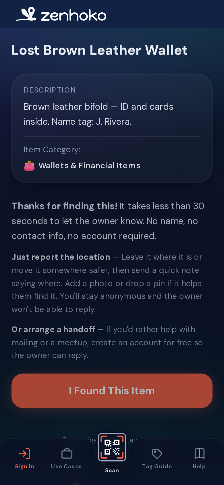 Finder view of an item page with I Found This button