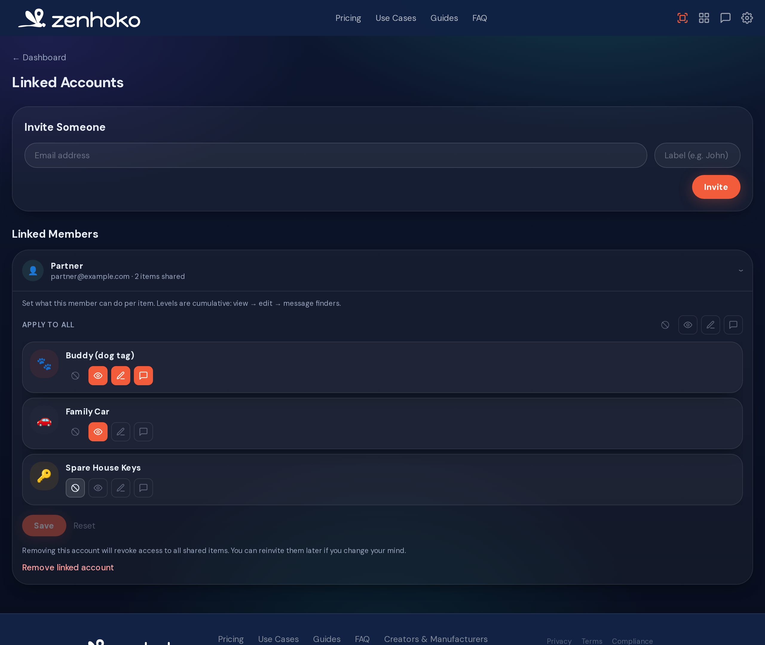 Linked accounts screen with per-item permission ranks