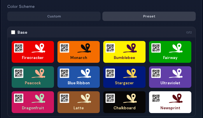 Color scheme picker with named preset sticker and QR color combinations