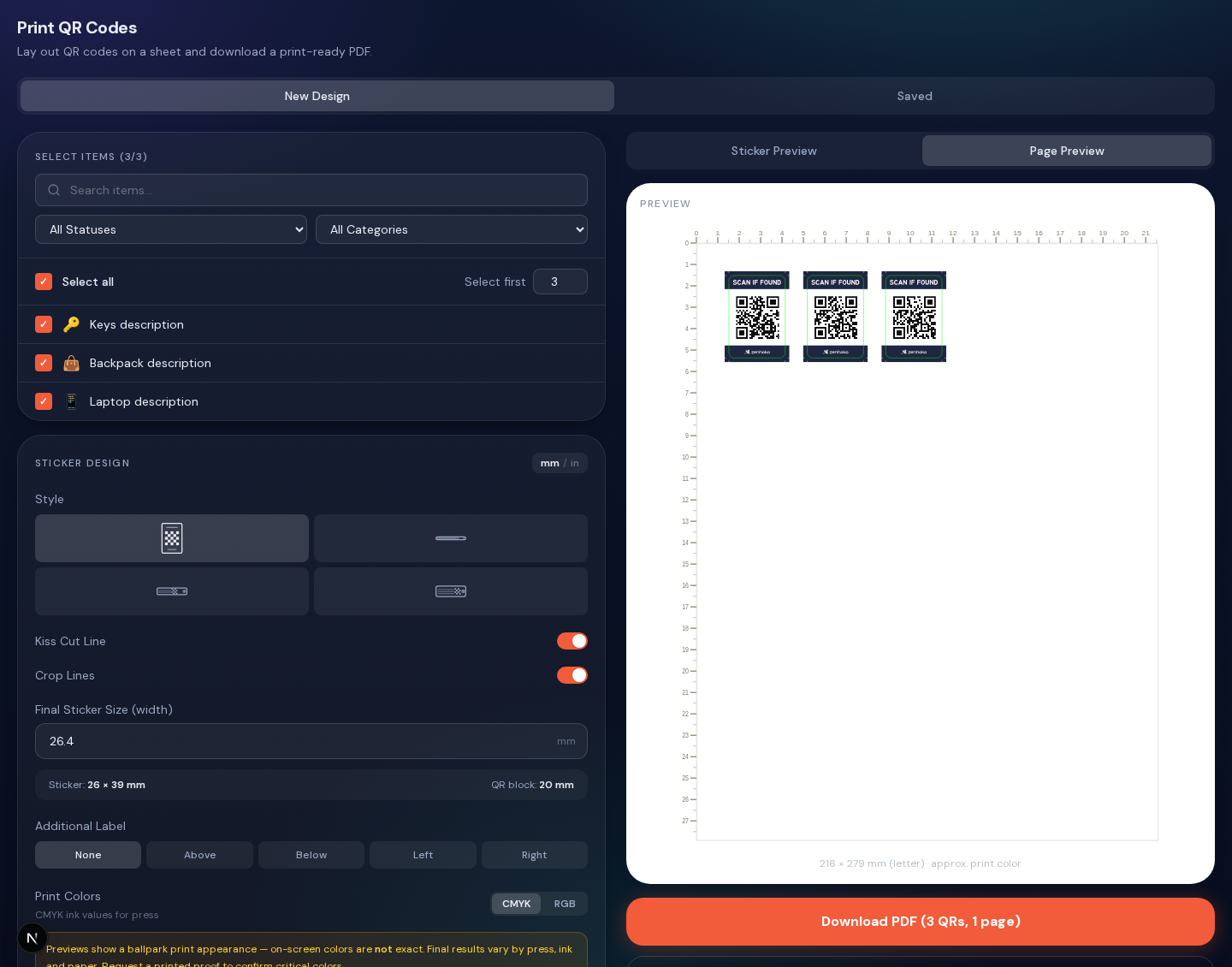 Print tool: select items, pick a sticker style, and preview a full sheet of labels