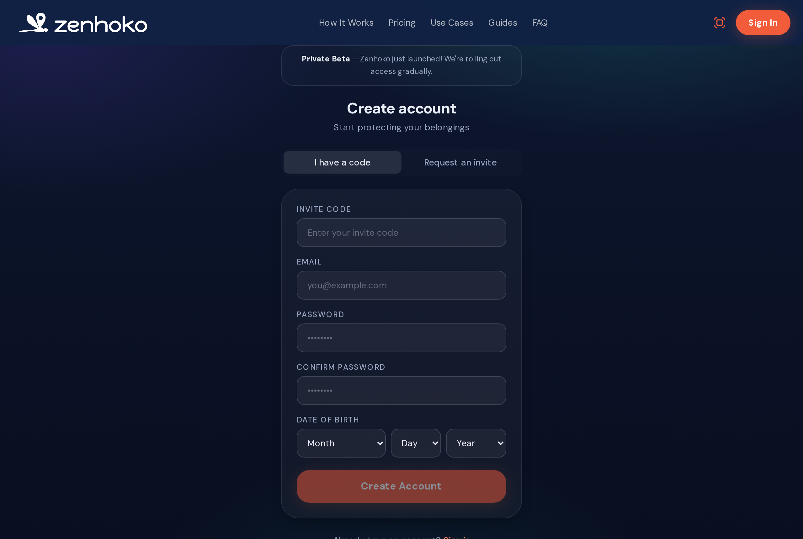 Zenhoko sign-up screen