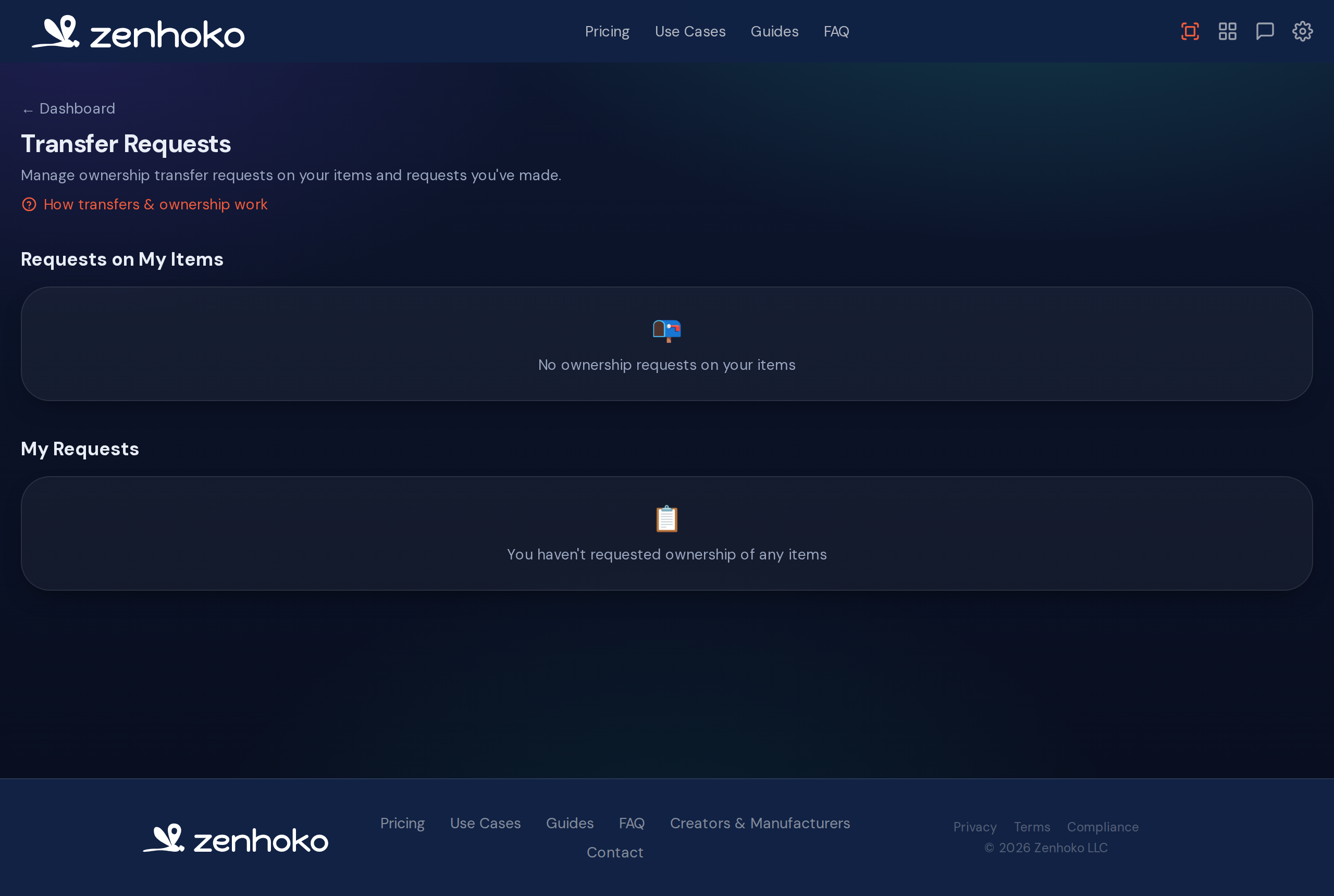Transfers page showing incoming and outgoing requests