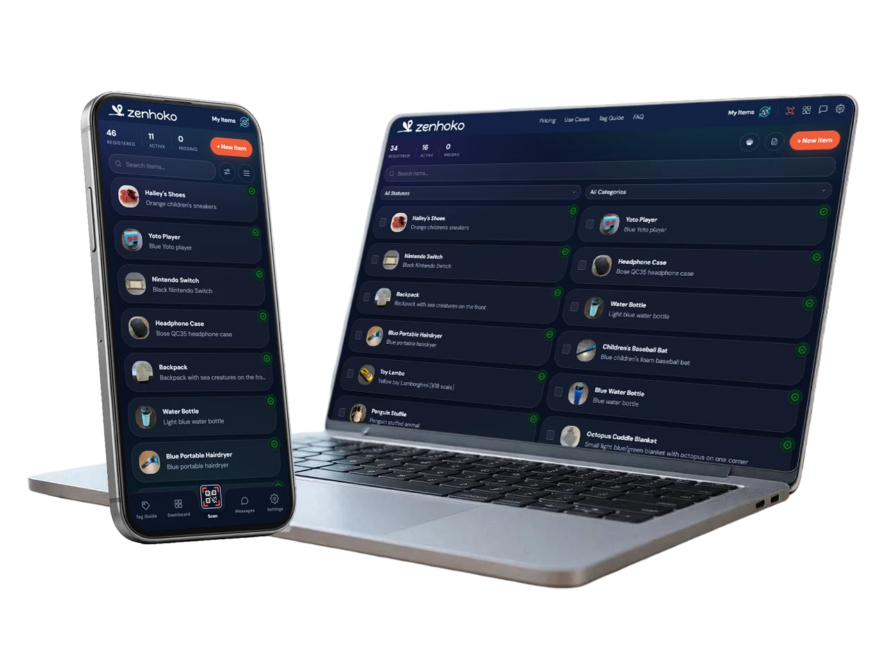 The Zenhoko “My Items” dashboard shown on a phone and a laptop