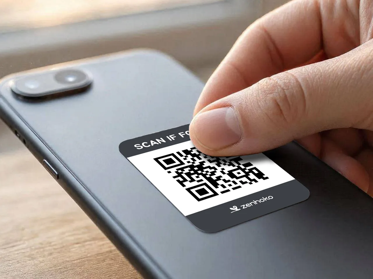 A hand pressing a Zenhoko “Scan if found” QR sticker onto the back of a phone